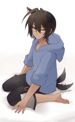 Rule 34 | 1boy, absurdres, animal ears, barefoot, black hair, blue hoodie, blush, brown hair, commentary request, dark-skinned male, dark skin, dog tail, eyelashes, full body, granblue fantasy, hair between eyes, highres, hood, hoodie, jamil (granblue fantasy), looking at viewer, male focus, piercing, scar, seiza, short hair, simple background, sitting, smile, solo, tail, tail wagging, thigh strap, twitter username, urjuwanwan, white background, yellow eyes