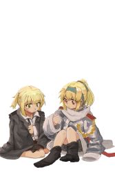 Rule 34 | 2girls, absurdres, artist request, blonde hair, child, commentary request, girls&#039; frontline, green eyes, hair tie, hairband, highres, jacket, military, military uniform, multiple girls, necktie, red eyes, scarf, sv-98 (girls&#039; frontline), twintails, uniform, welrod mkii (girls&#039; frontline), aged down