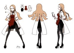Rule 34 | 1girl, absurdres, black footwear, black pantyhose, black skirt, blonde hair, breasts, character sheet, closed mouth, coat, collarbone, creatures (company), crystal, earrings, female focus, forehead, full body, game freak, green eyes, half-closed eyes, hand on own hip, highres, hoop earrings, jewelry, jitome, legs apart, lipstick, long hair, looking down, makeup, medium breasts, miniskirt, multiple views, nail polish, nintendo, official art, oleana (pokemon), outline, pantyhose, parted bangs, pencil skirt, pokemon, pokemon swsh, red lips, red nails, red shirt, scan, shirt, shoes, short sleeves, side slit, simple background, skirt, solo, standing, sugimori ken, take (illustrator), white coat, white outline