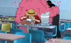 Rule 34 | 3boys, behind another, black hair, blonde hair, clueless, crocodile (one piece), donquixote doflamingo, eating, facial hair, hair slicked back, implied kiss, loving aura, male focus, mature male, mg cls, monkey d. luffy, multiple boys, mustache, one piece, photo background, scar, scar on face, scar on nose, short hair, stitches, sunglasses, yaoi