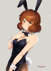 Rule 34 | 1girl, animal ears, black bow, black bowtie, black hairband, black leotard, blush, bow, bowtie, breasts, brown eyes, brown hair, cleavage, closed mouth, collarbone, commission, detached collar, embarrassed, fake animal ears, fake tail, grey background, hair ornament, hairband, hairclip, hibike! euphonium, highres, leotard, long hair, looking at viewer, medium breasts, oumae kumiko, pantyhose, pixiv commission, playboy bunny, rabbit ears, rabbit tail, ratifuu, solo, standing, strapless, strapless leotard, sweatdrop, tail, wrist cuffs