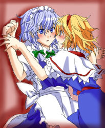 Rule 34 | 2girls, :o, against wall, alice margatroid, blonde hair, blue dress, blue eyes, blush, braid, capelet, clenched hand, couple, dress, eye contact, eyes visible through hair, face-to-face, female focus, green ribbon, hair between eyes, hair ribbon, hairband, hands up, headdress, holding another&#039;s wrist, imminent kiss, izayoi sakuya, looking at another, maid, maid headdress, multiple girls, open mouth, red background, red hairband, restrained, ribbon, sen&#039;yuu yuuji, shadow, short hair, short sleeves, silver hair, standing, touhou, twin braids, white capelet, yuri