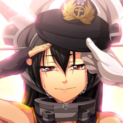 Rule 34 | 10s, 1girl, backlighting, black hair, chozuru, crying, crying with eyes open, fingerless gloves, gloves, hair ornament, hairband, hat, headgear, kantai collection, long hair, looking at viewer, md5 mismatch, nagato (kancolle), peaked cap, personification, portrait, pov, red eyes, salute, tears