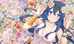 Rule 34 | 1girl, armlet, bare shoulders, blue eyes, blue hair, bracelet, breasts, closed mouth, collarbone, crossed bangs, dress, fire emblem, fire emblem awakening, fire emblem heroes, floral background, flower, hair between eyes, hair flower, hair ornament, jewelry, long hair, looking at viewer, lucina (fire emblem), lucina (valentine) (fire emblem), nintendo, official alternate costume, sena (jcwe4828), sleeveless, sleeveless dress, small breasts, smile, solo, symbol in eye, upper body, white dress