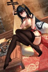 Rule 34 | 1girl, absurdres, arm under breasts, armgloves, azur lane, bad id, bad pixiv id, bare shoulders, black hair, black panties, black thighhighs, breasts, china dress, chinese clothes, cleavage, cleavage cutout, clothing cutout, dress, eyebrows hidden by hair, feet, fishnet thighhighs, fishnets, garter straps, hair between eyes, hair ornament, highres, huge breasts, jinpaitugounan, knees together feet apart, legs, legs together, long hair, long legs, looking at viewer, official alternate costume, on floor, panties, pantyshot, red eyes, side ponytail, side slit, sitting, smile, solo, taihou (azur lane), taihou (phoenix&#039;s spring song) (azur lane), tea, thick thighs, thighhighs, thighs, toes, underwear