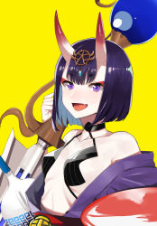 Rule 34 | 1girl, breasts, fang, fate/grand order, fate (series), headpiece, highres, holding, holding sword, holding weapon, looking at viewer, nesume, open mouth, purple eyes, purple hair, revealing clothes, short hair, shuten douji (fate), simple background, small breasts, smile, solo, sword, thick eyebrows, upper body, weapon, yellow background