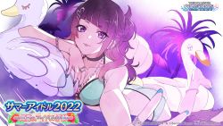 Rule 34 | 1girl, bikini, bracelet, chain, commentary request, diagonal bangs, dutch angle, ear piercing, earrings, green nails, hair ornament, hairclip, highres, idolmaster, idolmaster shiny colors, jewelry, looking at viewer, nail polish, necklace, official art, piercing, pool, purple eyes, purple hair, ring, solo, swimsuit, tanaka mamimi, tongue, v, water, watercolor effect