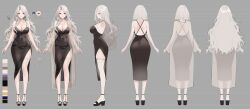 Rule 34 | 1girl, absurdres, black dress, black footwear, blue eyes, breasts, character sheet, cleavage, closed mouth, color guide, covered navel, dress, earrings, eyelashes, from behind, from side, full body, grey hair, highres, jewelry, large breasts, lee rein, lillly, long hair, multiple views, nail polish, necklace, official alternate hair length, official alternate hairstyle, second-party source, short hair, side slit, smile, thighlet, virtual youtuber, vlyz