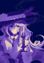 Rule 34 | 1girl, absurdres, blue background, candle, candlestand, expressionless, frilled hat, frilled sleeves, frills, hat, hat feather, highres, holding, holding candle, jacket girl (dipp), juliet sleeves, long hair, long sleeves, monochrome, puffy sleeves, skirt, solo, touhou, upper body, uzumibi, very long hair, vest