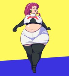 Rule 34 | 1girl, belly, blue eyes, breasts, creatures (company), fat, game freak, highres, jessie (pokemon), large breasts, long hair, nintendo, plump, pokemon, pokemon (anime), purple hair, solo, standing, thick thighs, thighs, wide hips, woot