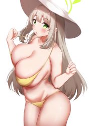 Rule 34 | 1girl, bad id, bad pixiv id, bare shoulders, bikini, blonde hair, blue archive, blush, breasts, cleavage, collarbone, green eyes, halo, hat, highres, john zhang, large breasts, long hair, looking at viewer, nonomi (blue archive), nonomi (swimsuit) (blue archive), open mouth, solo, sun hat, swept bangs, swimsuit, thighs, white background, white hat, yellow bikini