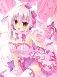 Rule 34 | 1girl, animal ear fluff, animal ears, animal hands, blush, bow, breasts, cat ears, cat tail, cleavage, curtains, dress, fang, frilled dress, frills, gloves, hair bow, hasune, indoors, large breasts, long hair, open mouth, original, paw gloves, pink dress, ribbon, skin fang, solo, strapless, strapless dress, tail, tail ornament, tail ribbon, thighhighs, two side up, white hair, white thighhighs, window, yellow eyes