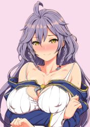 Rule 34 | 10s, 1girl, bare shoulders, blush, braid, breasts, clearite, cleavage, collarbone, covered erect nipples, female focus, granblue fantasy, large breasts, light purple hair, long hair, looking at viewer, silva (granblue fantasy), smile, solo, upper body, yellow eyes