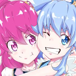 Rule 34 | 10s, 2girls, aino megumi, bad id, bad pixiv id, blue eyes, blue hair, cheek-to-cheek, crown, cure lovely, cure princess, earrings, grin, happinesscharge precure!, heads together, jewelry, magical girl, multiple girls, one eye closed, pink eyes, pink hair, portrait, precure, shirayuki hime, smile, takesyun, wink