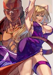 1boy 1girl absurdres armpits arms_behind_head blonde_hair blue_eyes breasts cleavage dark_skin facial_tattoo fatal_fury fatal_fury:_city_of_the_wolves fingerless_gloves gloves highres jacket jenet_behrn large_breasts long_hair looking_at_viewer muscular muscular_male open_clothes open_jacket purple_skirt seductive_smile skirt smile stretching syachiiro tattoo thighs upper_body vox_reaper yellow_eyes