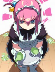 Rule 34 | 1girl, aetherion, alternate costume, apron, black bow, black dress, blue eyes, bocchi the rock!, bow, bowtie, broken cup, cup, dress, enmaided, gotoh hitori, hair between eyes, hair ornament, highres, holding, holding tray, long hair, maid, mug, pink hair, solo, tearing up, thighhighs, tray, white apron, white thighhighs