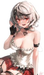 Rule 34 | 1girl, absurdres, bare shoulders, breasts, cleavage, grey hair, highres, hololive, looking at viewer, medium breasts, multicolored hair, open mouth, red eyes, rei (9086), sakamata chloe, smile, solo, streaked hair, virtual youtuber