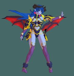 Rule 34 | 1girl, 3d, astaroth (shinrabanshou), black sclera, blue skin, boots, breasts, colored sclera, colored skin, demon girl, horns, pointy ears, purple footwear, shinrabanshou, solo, tail, thighhighs, wings