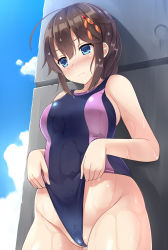 Rule 34 | 10s, 1girl, 3:, ahoge, alternate costume, bare shoulders, blue eyes, blush, breasts, brown hair, competition swimsuit, frontal wedgie, groin, hair flaps, hair ornament, hair over shoulder, highres, kantai collection, lifting own clothes, long hair, medium breasts, mizunashi kenichi, one-piece swimsuit, partially visible vulva, shigure (kancolle), shigure kai ni (kancolle), solo, swimsuit, wedgie, wet