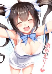 Rule 34 | 10s, 1girl, :d, ^ ^, ahoge, armpits, black hair, blue bow, blue eyes, blue ribbon, blush, bow, breasts, brown hair, cleavage, cleavage cutout, closed eyes, clothing cutout, covered navel, dress, dungeon ni deai wo motomeru no wa machigatteiru darou ka, closed eyes, facing viewer, hair ornament, happy, heart, hestia (danmachi), highres, igayan, large breasts, leaning forward, long hair, open mouth, rei no himo, ribbon, skindentation, smile, solo, translated, twintails, white dress