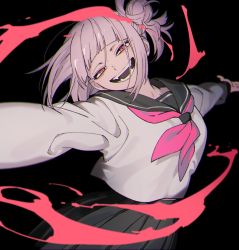 Rule 34 | blood, boku no hero academia, commentary, grin, highres, looking at viewer, open mouth, school uniform, shirikon, simple background, smile, solo, standing, toga himiko