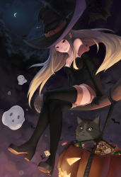 Rule 34 | 1girl, absurdres, bare shoulders, bat (animal), black dress, black footwear, black gloves, blonde hair, boots, breasts, broom, broom riding, candy, candy basket, candy cane, cat, cloud, collarbone, colored sclera, crescent moon, dress, elbow gloves, food, ghost, gloves, hat, highres, jack-o&#039;-lantern, crossed legs, lkqyan, lollipop, long hair, medium breasts, moon, original, parted lips, pointy ears, red eyes, rope, sky, smile, thigh boots, thighhighs, witch, witch hat, wrapped candy, yellow sclera