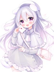 Rule 34 | 1girl, animal ears, ascot, bag, beret, blush, capelet, collared dress, contrapposto, cowboy shot, dog ears, dog tail, dress, fang, frilled capelet, frilled dress, frills, grey capelet, grey dress, hair between eyes, hanasaki no a, hat, head tilt, heart, heart-shaped pupils, highres, holding, holding letter, letter, long hair, long sleeves, looking at viewer, love letter, open mouth, original, purple eyes, short dress, shoulder bag, signature, silver hair, simple background, skin fang, smile, solo, symbol-shaped pupils, tail, thighhighs, twitter username, white background, white hat, white thighhighs