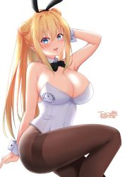 Rule 34 | 1girl, animal ears, artist logo, black bow, black bowtie, black pantyhose, blonde hair, blue eyes, bow, bowtie, breasts, cleavage, commentary request, cowboy shot, detached collar, double bun, hair bun, highres, ineedu041 tako, invisible chair, large breasts, leotard, long hair, looking at viewer, original, pantyhose, playboy bunny, rabbit ears, simple background, sitting, solo, strapless, strapless leotard, thighband pantyhose, white background, white leotard, wrist cuffs