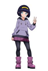 Rule 34 | 1girl, arm at side, black hair, black leggings, blue eyes, blunt bangs, blunt ends, bob cut, boots, breasts, closed mouth, collarbone, commentary, commission, drawstring, english commentary, full body, hairband, hand up, highres, hood, hood down, hoodie, kasia mikolajczyk (silverfox442), leggings, looking at viewer, monosex, original, pleated skirt, purple footwear, purple hoodie, purple skirt, short hair, simple background, skirt, small breasts, smile, solo, standing, v, white background, winter clothes, yellow hairband
