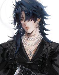 Rule 34 | 1boy, black hair, black shirt, blade (honkai: star rail), collared shirt, earrings, hair between eyes, hair over one eye, highres, honkai: star rail, honkai (series), jewelry, long hair, looking at viewer, messy hair, necklace, parted lips, pearl necklace, red eyes, saturn (planet), shirt, strap, tiredceles, white background