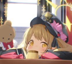 Rule 34 | 1girl, absurdres, blonde hair, blue archive, blurry, blurry background, blush, commentary, eating, food, halo, hat, highres, ibuki (blue archive), indoors, looking at viewer, patanda, peaked cap, pointy ears, pudding, solo, stuffed animal, stuffed toy, teddy bear, twintails, yellow eyes