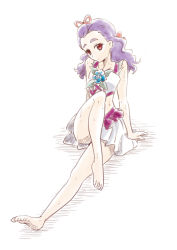Rule 34 | 1girl, barefoot, closed mouth, collarbone, cosplay, crop top, full body, hair ribbon, crossed legs, long hair, midriff, milky rose, milky rose (cosplay), mimino kurumi, miniskirt, nita (onakatohoppe), pink ribbon, pleated skirt, precure, purple hair, red eyes, ribbon, simple background, sitting, sketch, skirt, solo, stomach, white background, white skirt, yes! precure 5