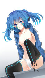 Rule 34 | 1girl, bad id, bad pixiv id, baocaizi, black thighhighs, blue eyes, blue hair, blush, breasts, cum, ene (kagerou project), headphones, highres, kagerou project, long hair, looking at viewer, matching hair/eyes, nipples, open clothes, open shirt, panties, shirt, small breasts, solo, thighhighs, twintails, underwear, white panties