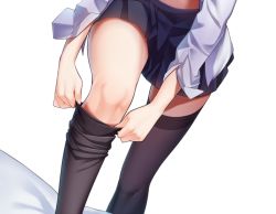 Rule 34 | 1girl, black thighhighs, commentary request, copyright request, dress shirt, dressing, dutch angle, facing viewer, head out of frame, knees, long sleeves, miniskirt, open clothes, open cuffs, open shirt, pleated skirt, ray-akila, shirt, skirt, solo, stomach, thighhighs, white shirt, zettai ryouiki