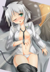 Rule 34 | 1girl, animal ears, black pantyhose, blush, breasts, clothes pull, green eyes, grey hair, highres, kuragari, lying, necktie, one eye closed, open clothes, open shirt, panties, pantyhose, pantyhose pull, sanya v. litvyak, shirt, short hair, side-tie panties, small breasts, solo, strike witches, tail, underwear, white panties, wink, world witches series
