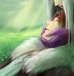 Rule 34 | 1boy, 1girl, arieml, bad end, blurry, blurry background, brown hair, claws, closed eyes, field, final fantasy, final fantasy viii, flower, fur collar, head down, head out of frame, jewelry, lap pillow, light rays, long hair, necklace, parted lips, scar, silver hair, sleeping, solo focus, squall leonhart, sunlight, ultimecia, very long hair