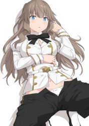Rule 34 | 1girl, belt, black footwear, black neckwear, black pants, blue eyes, blush, breasts, brown hair, fate/apocrypha, fate (series), fiore forvedge yggdmillennia, jacket, large breasts, long hair, long sleeves, looking at viewer, navel, open fly, open mouth, panties, pants, shiseki hirame, simple background, solo, underwear, white jacket
