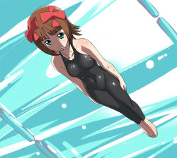 Rule 34 | 00s, 1girl, a1 (initial-g), amami haruka, barefoot, bodysuit, brown hair, covered navel, from below, green eyes, idolmaster, idolmaster (classic), idolmaster 1, one-piece swimsuit, pool, short hair, solo, swimming, swimsuit, underwater