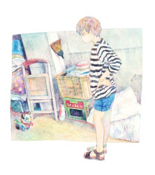 Rule 34 | 1boy, androgynous, basket, blue shorts, broom, chair, expressionless, folding chair, long sleeves, original, painting (medium), profile, runta, sandals, shirt, shorts, solo, standing, striped clothes, striped shirt, traditional media, watercolor (medium), wide shot