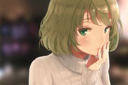 Rule 34 | 10s, 1girl, blue eyes, blush, brown hair, finger to mouth, fringe trim, green eyes, hand on own face, hasisisissy, heterochromia, highres, idolmaster, idolmaster cinderella girls, looking at viewer, mole, mole under eye, revision, ribbed sweater, short hair, solo, sweater, takagaki kaede, turtleneck, turtleneck sweater, upper body, white sweater