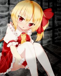 Rule 34 | 1girl, bad id, bad pixiv id, blonde hair, blouse, collared shirt, embodiment of scarlet devil, female focus, flandre scarlet, hair between eyes, head tilt, inanosuke, red eyes, red wrist cuffs, shirt, side ponytail, solo, tears, thighhighs, toosaka asagi, touhou, white shirt, white thighhighs, wings, wrist cuffs