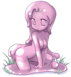 Rule 34 | 1girl, artist request, breasts, grass, lowres, melting, monster girl, nude, omitted bits, pink theme, semiliquid, slime (substance), slime girl, solo