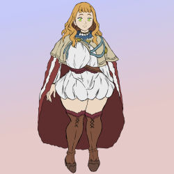 Rule 34 | 1girl, black clover, blonde hair, boots, breasts, coat, curvy, dress, female focus, green eyes, huge breasts, large breasts, legs, long hair, long legs, looking at viewer, mimosa vermillion, popstepx, size difference, smile, solo, standing, thick thighs, thighs, wavy hair, wide hips