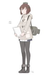 Rule 34 | 1girl, adapted costume, backpack, bag, black footwear, black pantyhose, boots, brown eyes, brown hair, clipboard, coat, cross-laced footwear, dress, full body, grey coat, hikashima (shiofune), kantai collection, lace-up boots, pantyhose, short hair, simple background, solo, torpedo launcher, white background, white dress, yukikaze (kancolle)