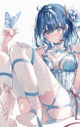 Rule 34 | 1girl, blue eyes, blue flower, blue hair, blue nails, blue shirt, breasts, bug, butterfly, butterfly on hand, flower, frilled thighhighs, frills, hair between eyes, hair flower, hair ornament, highres, insect, large breasts, lingerie, medium hair, original, red ribbon, ribbon, see-through thighhighs, shia job, shirt, sitting, solo, thighhighs, underwear, white background, white thighhighs