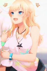 Rule 34 | 1boy, 1girl, arm grab, bare arms, bare shoulders, black shorts, blonde hair, blue eyes, blush, breasts, cleavage, collarbone, commentary request, highres, idolmaster, idolmaster cinderella girls, jewelry, large breasts, long hair, looking at viewer, nail polish, necklace, ohtsuki yui, open mouth, ryuu., shirt, short shorts, shorts, sleeveless, sleeveless shirt, smile, solo focus, star (symbol), wavy hair, white background, yellow nails