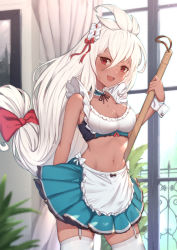 Rule 34 | 1girl, :d, apron, armpit crease, bare arms, blue skirt, bow, breasts, choker, cleavage, cowboy shot, crop top, dark-skinned female, dark skin, floating hair, frilled choker, frilled shirt, frills, garter straps, granblue fantasy, hair between eyes, hair bow, hair ornament, highres, holding, long hair, maid, maid apron, medium breasts, midriff, miniskirt, navel, open mouth, pleated skirt, red eyes, revealing clothes, shirt, skirt, sleeveless, sleeveless shirt, smile, solo, standing, stomach, thighhighs, uneg, very long hair, waist apron, white hair, white thighhighs, wrist cuffs, zettai ryouiki, zooey (granblue fantasy)
