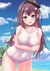 Rule 34 | 1girl, :d, bare arms, bare shoulders, beret, black choker, black hat, blue sky, blush, braid, breasts, brown hair, choker, cloud, collarbone, commentary request, commission, copyright request, covered navel, day, hat, highres, kaze makase, long hair, looking at viewer, medium breasts, multicolored hair, open mouth, outdoors, palm tree, pink hair, purple eyes, skeb commission, sky, smile, solo, streaked hair, tilted headwear, tree, very long hair, virtual youtuber, water