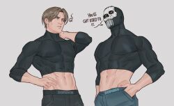 Rule 34 | 2boys, abs, absurdres, black pants, black shirt, blue pants, brown hair, call of duty, call of duty: modern warfare 2, cropped shirt, dopanin, english text, ghost (modern warfare 2), hand in pocket, highres, large pectorals, leon s. kennedy, looking back, male focus, mask, multiple boys, muscular, muscular male, navel, pants, pectorals, resident evil, resident evil 4, resident evil 4 (remake), shirt, short hair, simple background, skull mask