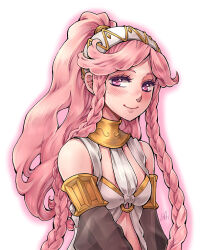 Rule 34 | 1girl, armlet, bare shoulders, blush, braid, fire emblem, fire emblem awakening, headband, jewelry, ladugard, long hair, looking at viewer, necklace, nintendo, olivia (fire emblem), pink eyes, pink hair, ponytail, see-through, see-through sleeves, smile, twin braids, upper body, white background, white headband